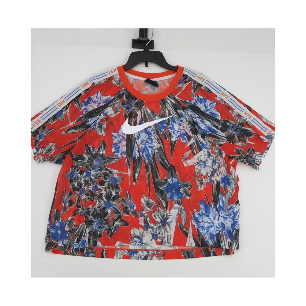 Nike Sportswear Womens 2X Floral Mesh Jersey Crop‎ Top orangr Blue